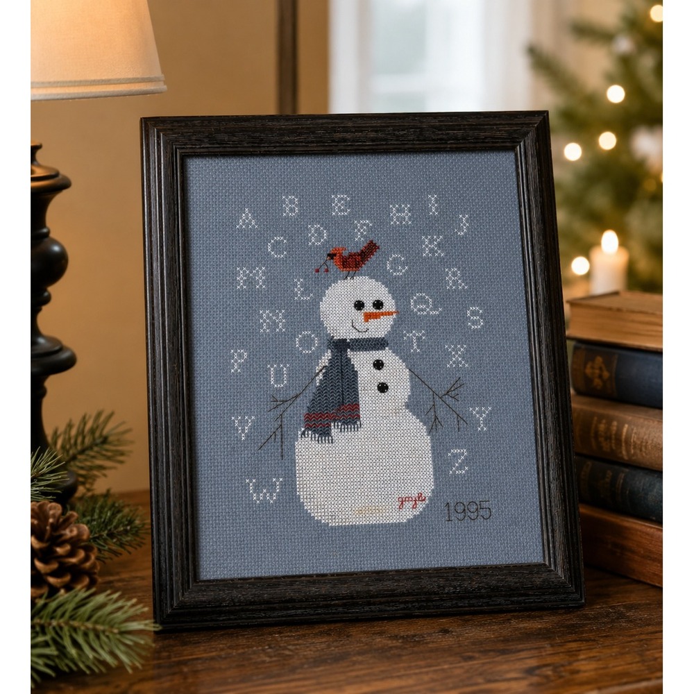 Vtg '95 Hand Cross Stitch Snowman Alphabet Sampler Framed Winter Christmas Decor